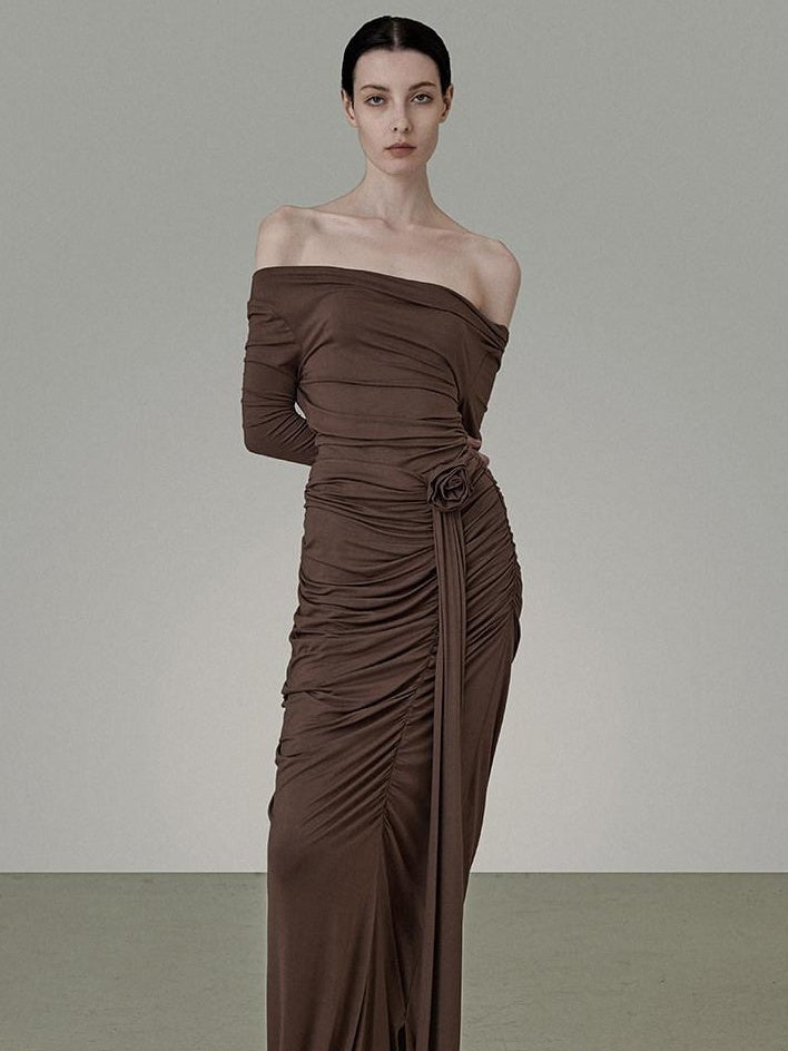 unspoken Slim Pleated Minimalist Workwear Women Pullover Polyester Brown Top & Skirt Sets