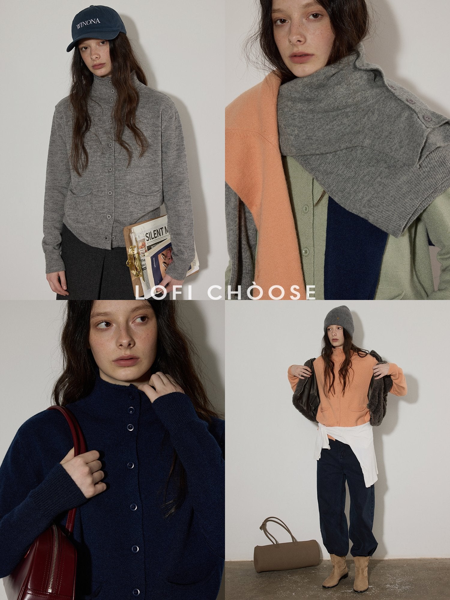Lofi choose Soft Wool Blend Rolled Edge Loose Office Knit Button Long Sleeve Cardigans