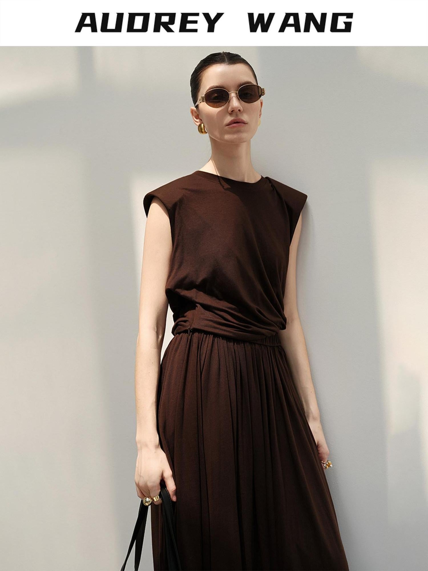 audreyyang Recycled Viscose French Chic Pleated Aline Two Piece Sleeveless Maxi Dresses
