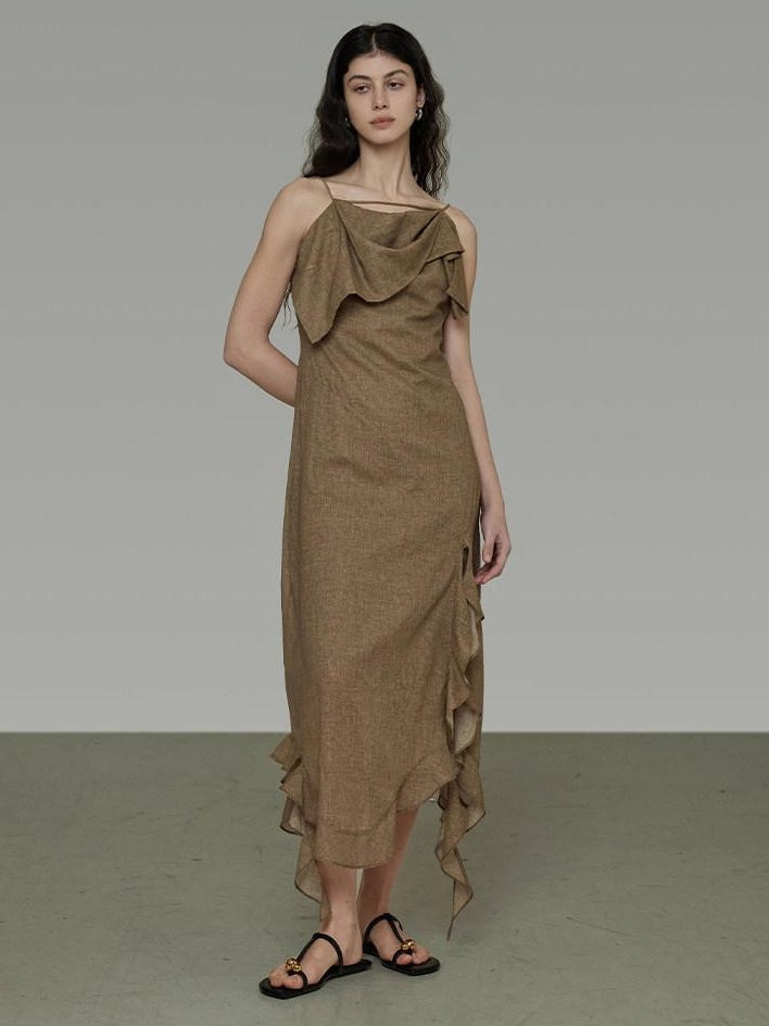 unspoken Cotton High Waist Irregular Hem Minimal Work Strappy Brown Maxi Dresses