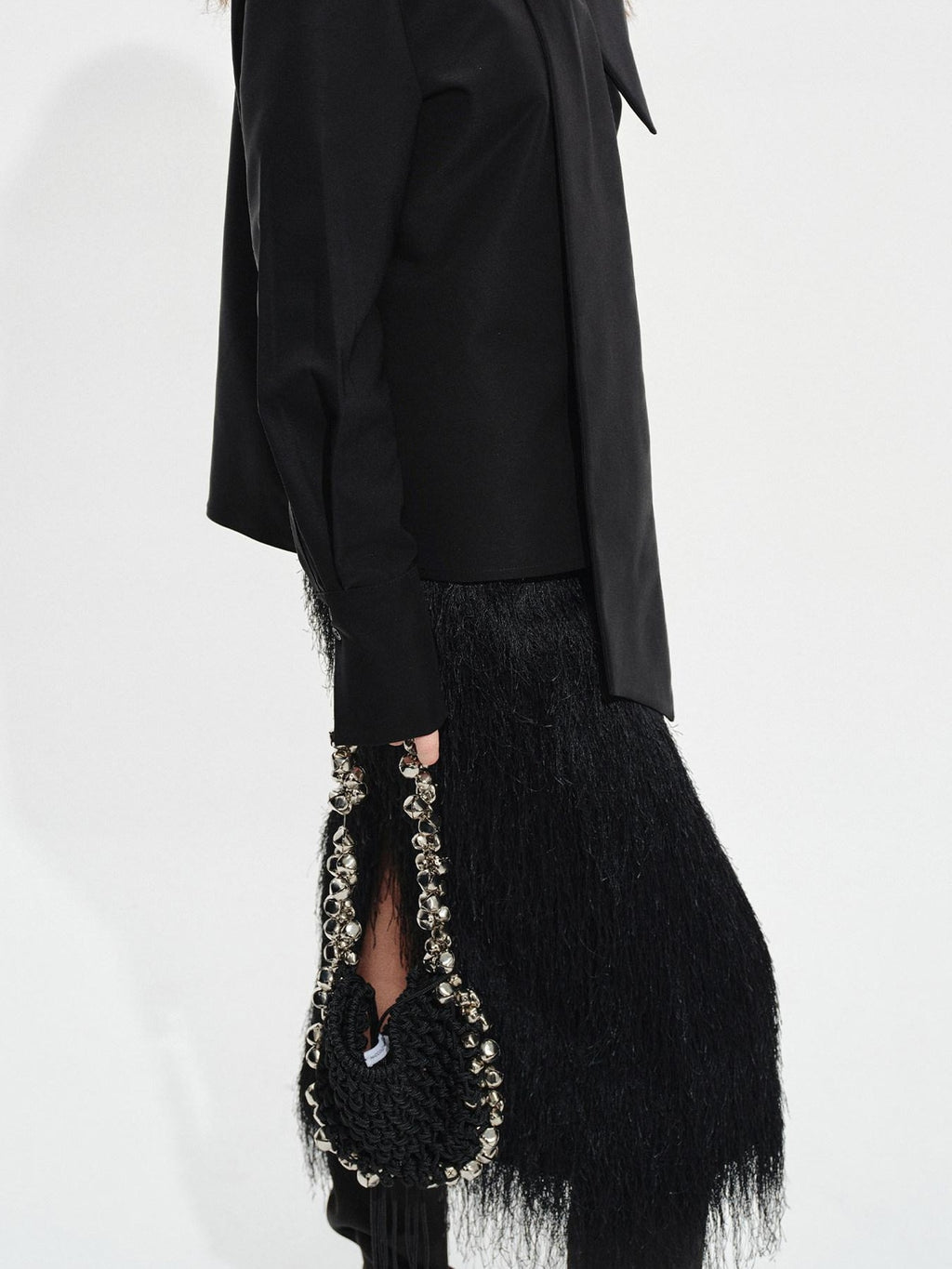 audreyyang Fringe Front Slit Mid Waist Straight Elastic Waist Lined Women Black Midi Skirts