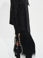 audreyyang Fringe Front Slit Mid Waist Straight Elastic Waist Lined Women Black Midi Skirts