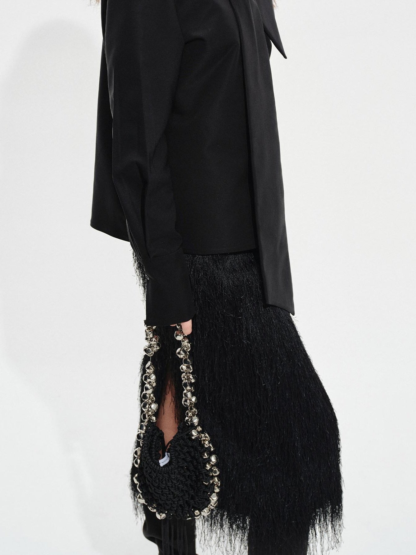 audreyyang Fringe Front Slit Mid Waist Straight Elastic Waist Lined Women Black Midi Skirts