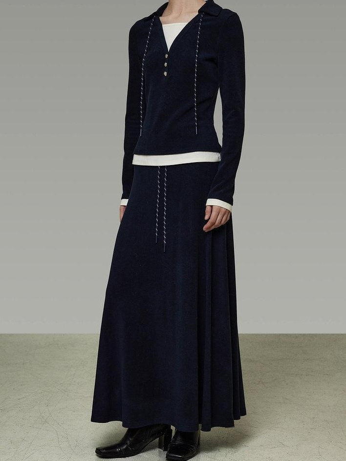 unspoken Breathable Slim Fit V-neck Knit Three Piece High Waist Navy Women Lounge Sets