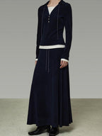 unspoken Breathable Slim Fit V-neck Knit Three Piece High Waist Navy Women Lounge Sets