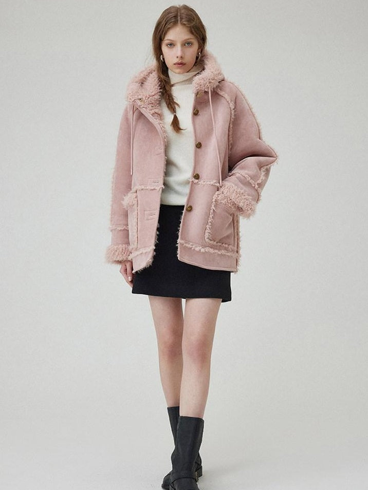 fano Warm Wool Blend Hooded Loose Patchwork Womens Commuter Long Coats
