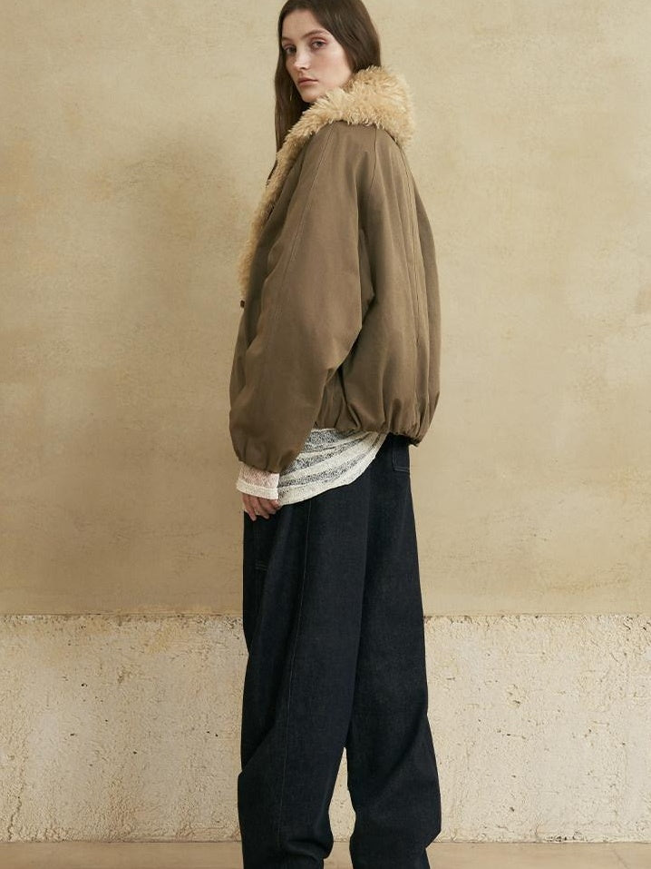 someonesometimes Cozy Commuter Cotton Blend Relaxed Short Collar Gray Brown Olive Puffer Jackets