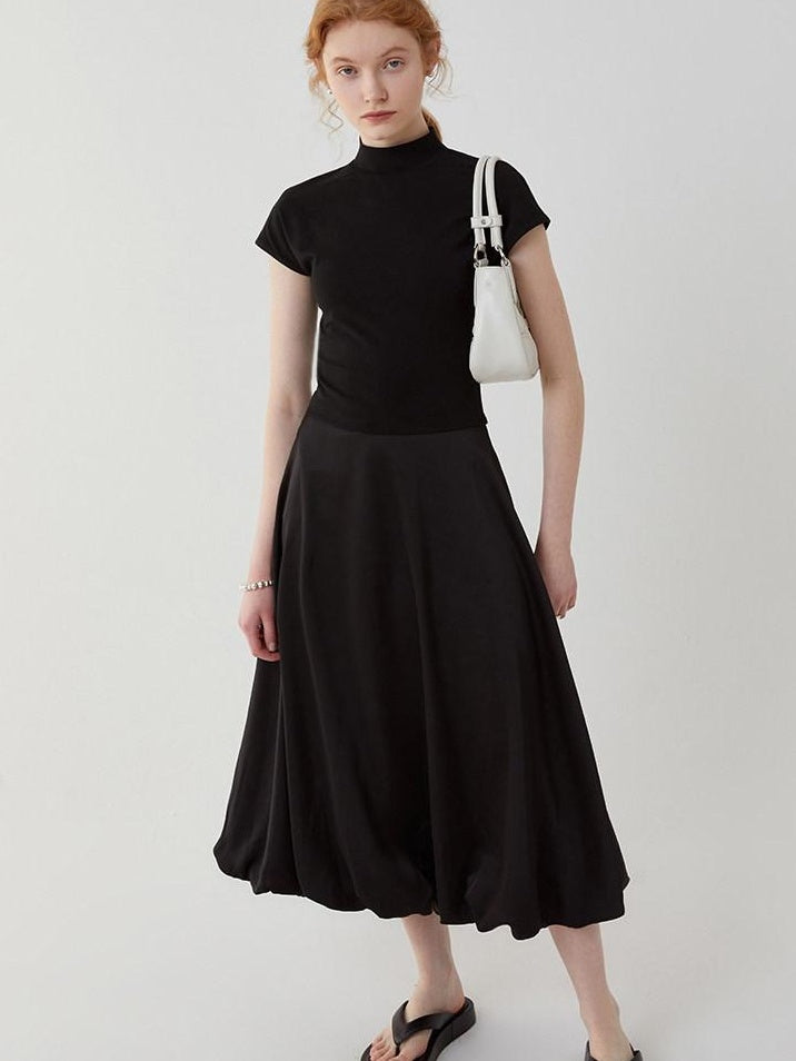 fano High Waist Minimalist Office A Line Short Sleeve Mock Neck Black Midi Dresses