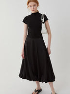 fano High Waist Minimalist Office A Line Short Sleeve Mock Neck Black Midi Dresses