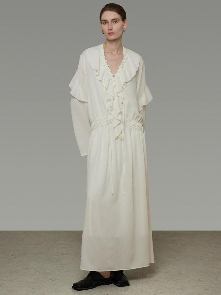 unspoken Breathable Minimal Ruffle Long Sleeve Loose H Fit Women Polyester Maxi Dresses