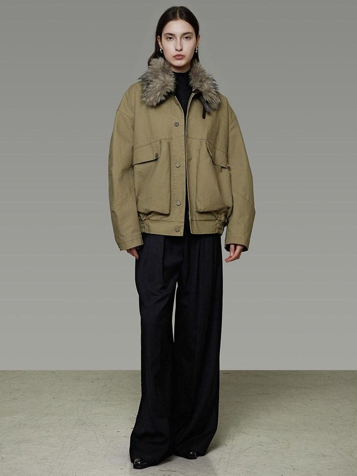 unspoken Thick Fleece Lined Fur Collar Loose Minimal Commuter Women Sage Puffer Jackets