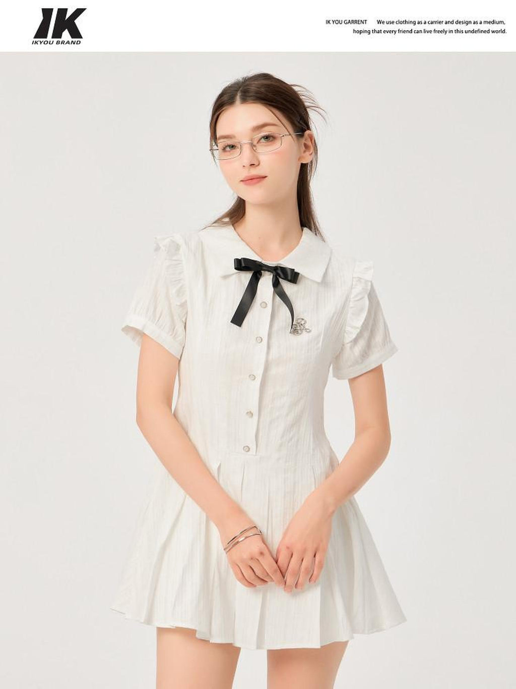 ikyou Pure Cotton Cinched Waist Minimal A Line Short Sleeve White Women Midi Dresses