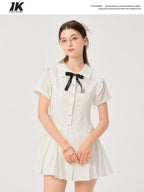 ikyou Pure Cotton Cinched Waist Minimal A Line Short Sleeve White Women Midi Dresses