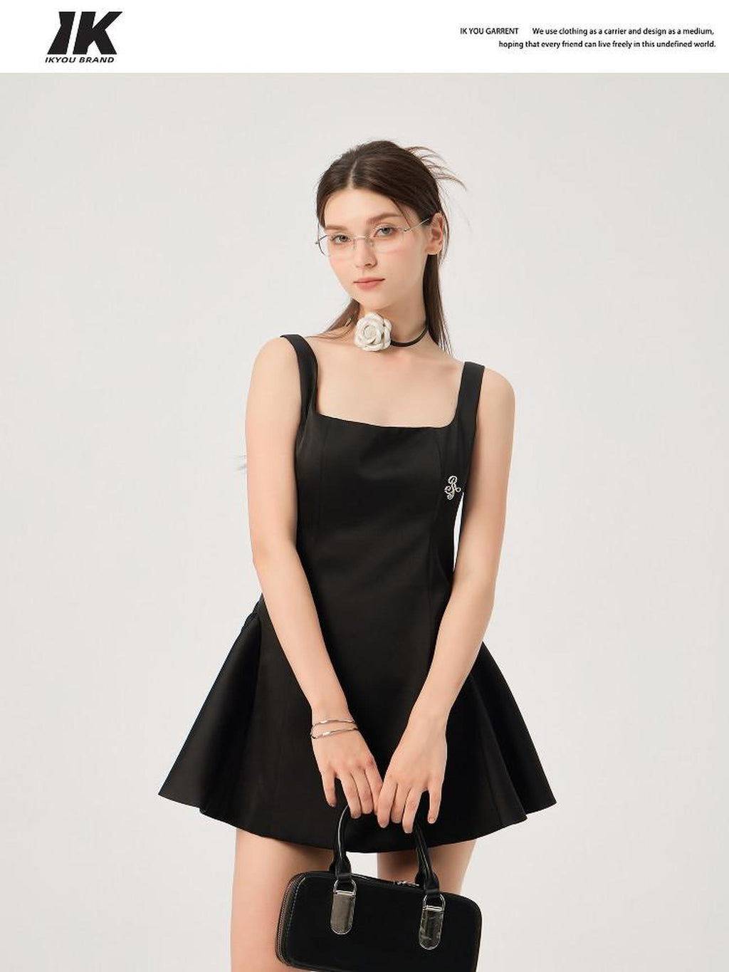 ikyou Waist Cinch Casual A Line Square Neck Sleeveless Black Midi Dresses