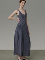 unspoken Pleated High Waist Minimal H Silhouette U Neck Sleeveless Office Maxi Dresses