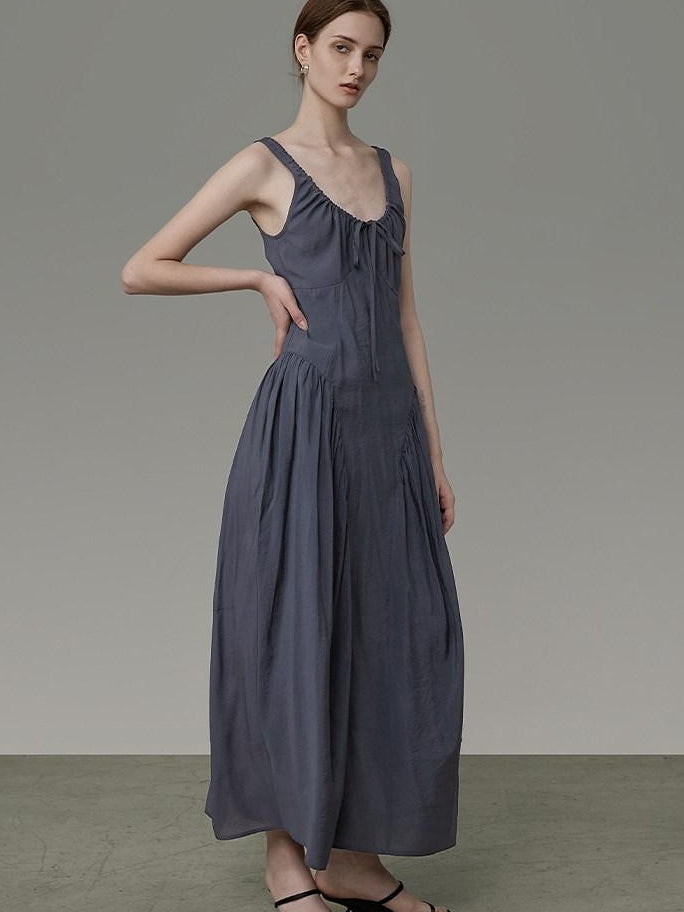 unspoken Pleated High Waist Minimal H Silhouette U Neck Sleeveless Office Maxi Dresses
