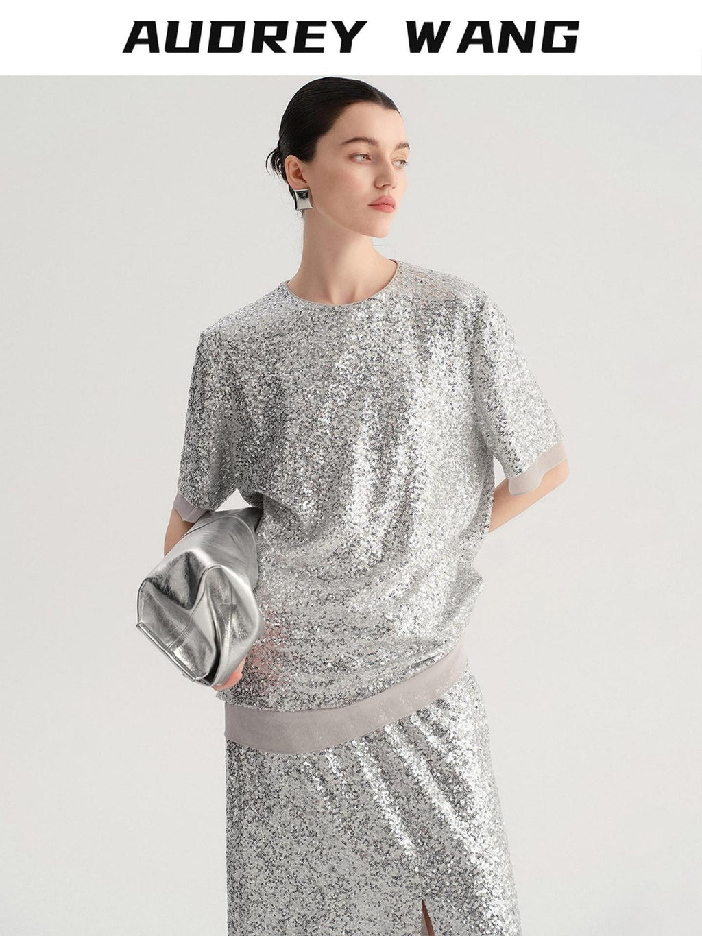audreyyang Sparkling Sequin Casual Loose Fit Women Crew Neck Top & Skirt Sets