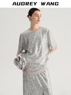 audreyyang Sparkling Sequin Casual Loose Fit Women Crew Neck Top & Skirt Sets