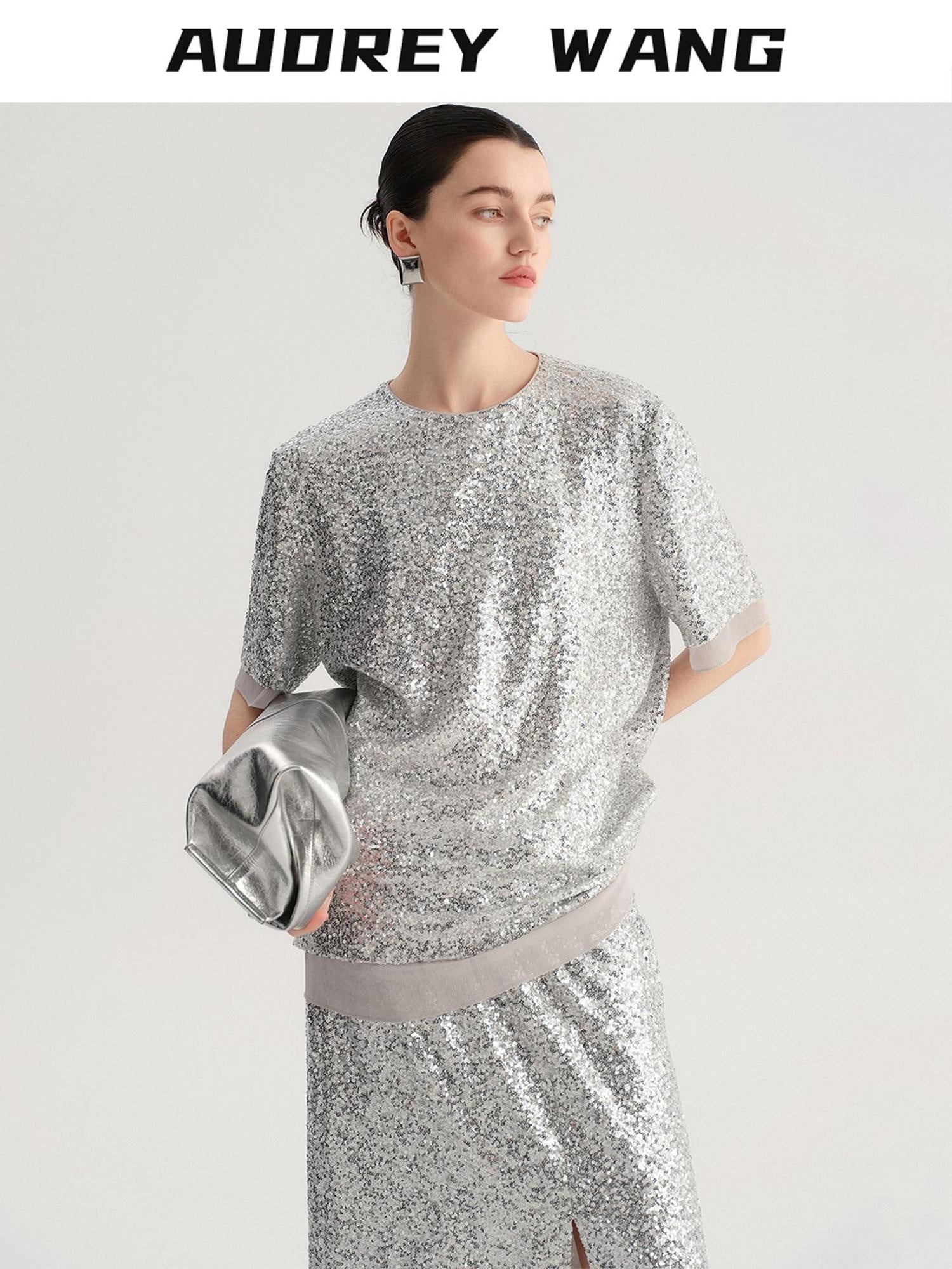 audreyyang Sparkling Sequin Casual Loose Fit Women Crew Neck Top & Skirt Sets
