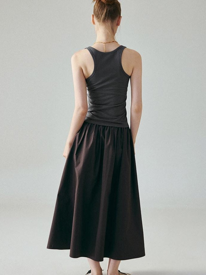 fano Soft 100 Percent Cotton Aline Mid Waist Flowy Korean Plain Brown Maxi Skirts