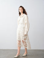 audreyyang Shimmering Sequin Lace Asymmetrical Mid Rise Tie Waist Women White Midi Skirts
