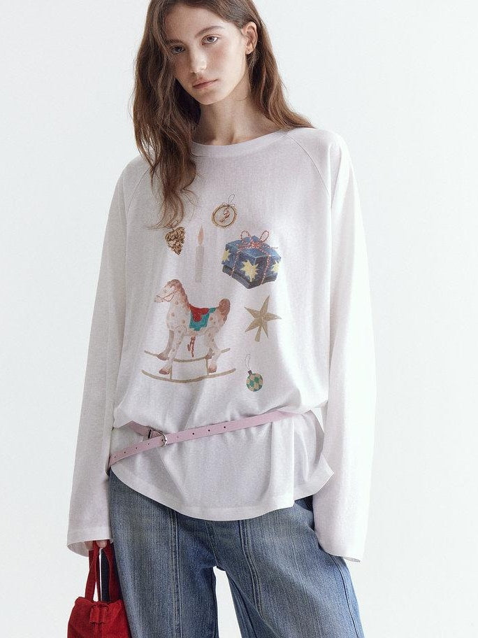 fano Cotton Blend Printed Crewneck Loose Fit Women White Long Sleeve T-Shirts