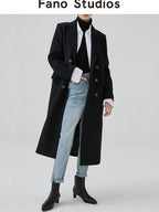 fano Thick Doublebreasted Blazer Collar Commuter Midlength Women Black Long Coats