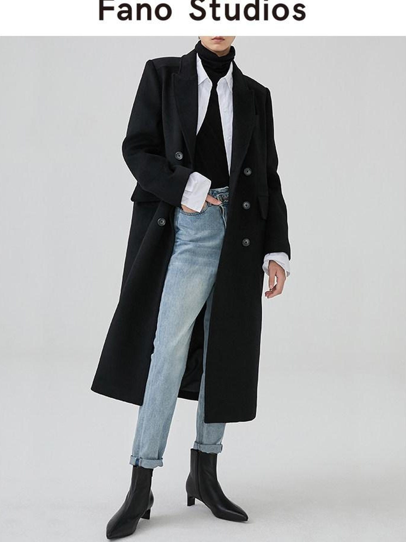 fano Thick Doublebreasted Blazer Collar Commuter Midlength Women Black Long Coats