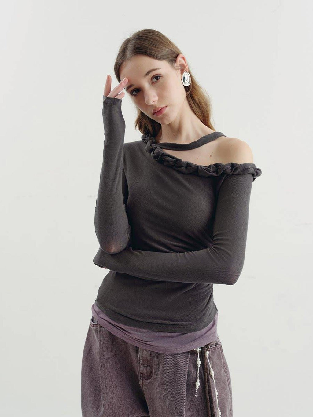 someonesometimes Lyocell Linen Blend Asymmetric Neckline Slim Fit Women Long Sleeve T-Shirts