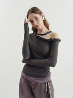 someonesometimes Lyocell Linen Blend Asymmetric Neckline Slim Fit Women Long Sleeve T-Shirts