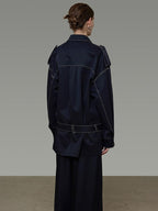 unspoken Vintage Loose Fit Irregular Pocket Detail Women Navy Polyester Trench Coats