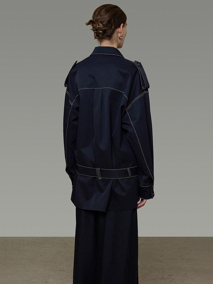 unspoken Vintage Loose Fit Irregular Pocket Detail Women Navy Polyester Trench Coats