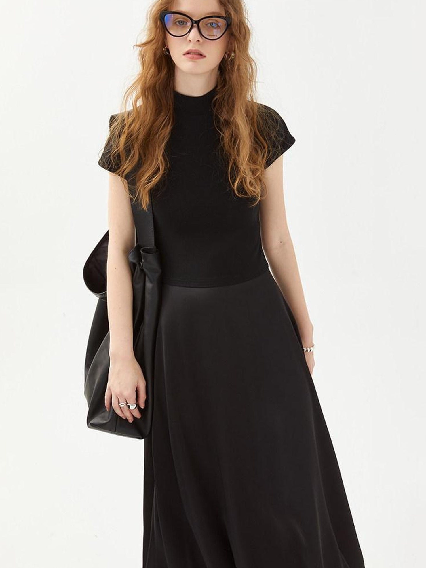 fano High Waist Minimalist Office A Line Short Sleeve Mock Neck Black Midi Dresses