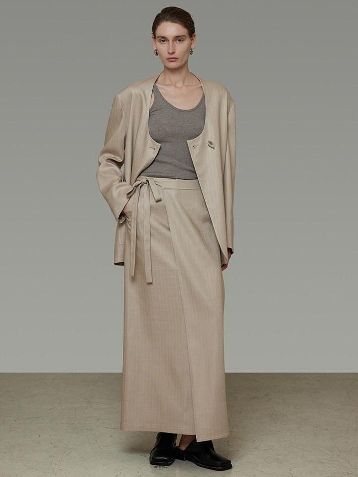 unspoken Breathable Tencel Loose Collarless No Button Minimalist Beige Women Blazers