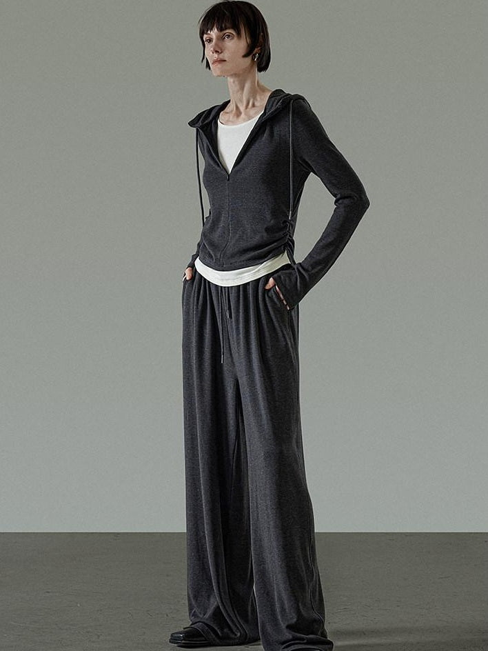 unspoken Soft Viscose Two Piece Hooded Zip Up Loose Minimal Female Deep Gray Lounge Sets