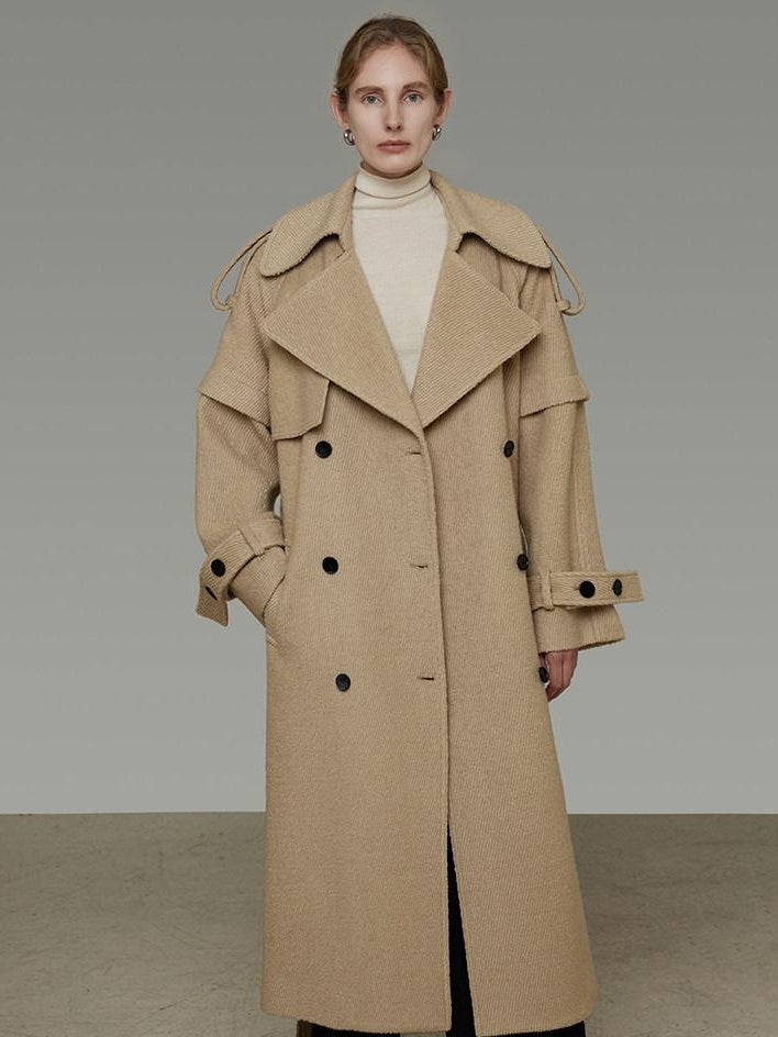 unspoken Elegant Minimal Workwear Oversized Double Breasted Lapel Khaki Wool Coats