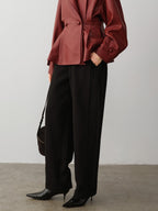 audreyyang Soft Poly Viscose Drape Casual Natural Waist Zip Fly Women Black Wide Leg Pants