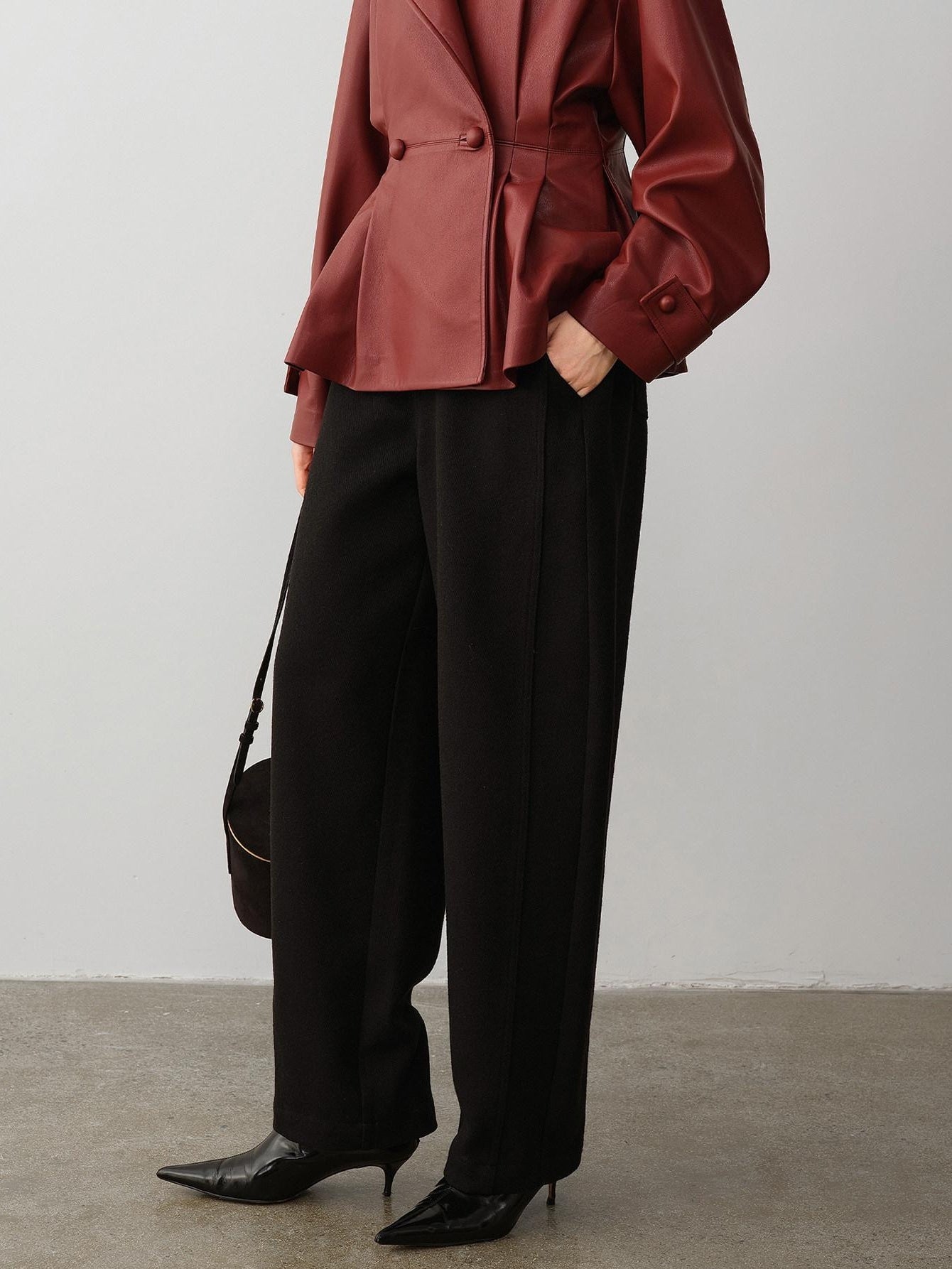 audreyyang Soft Poly Viscose Drape Casual Natural Waist Zip Fly Women Black Wide Leg Pants