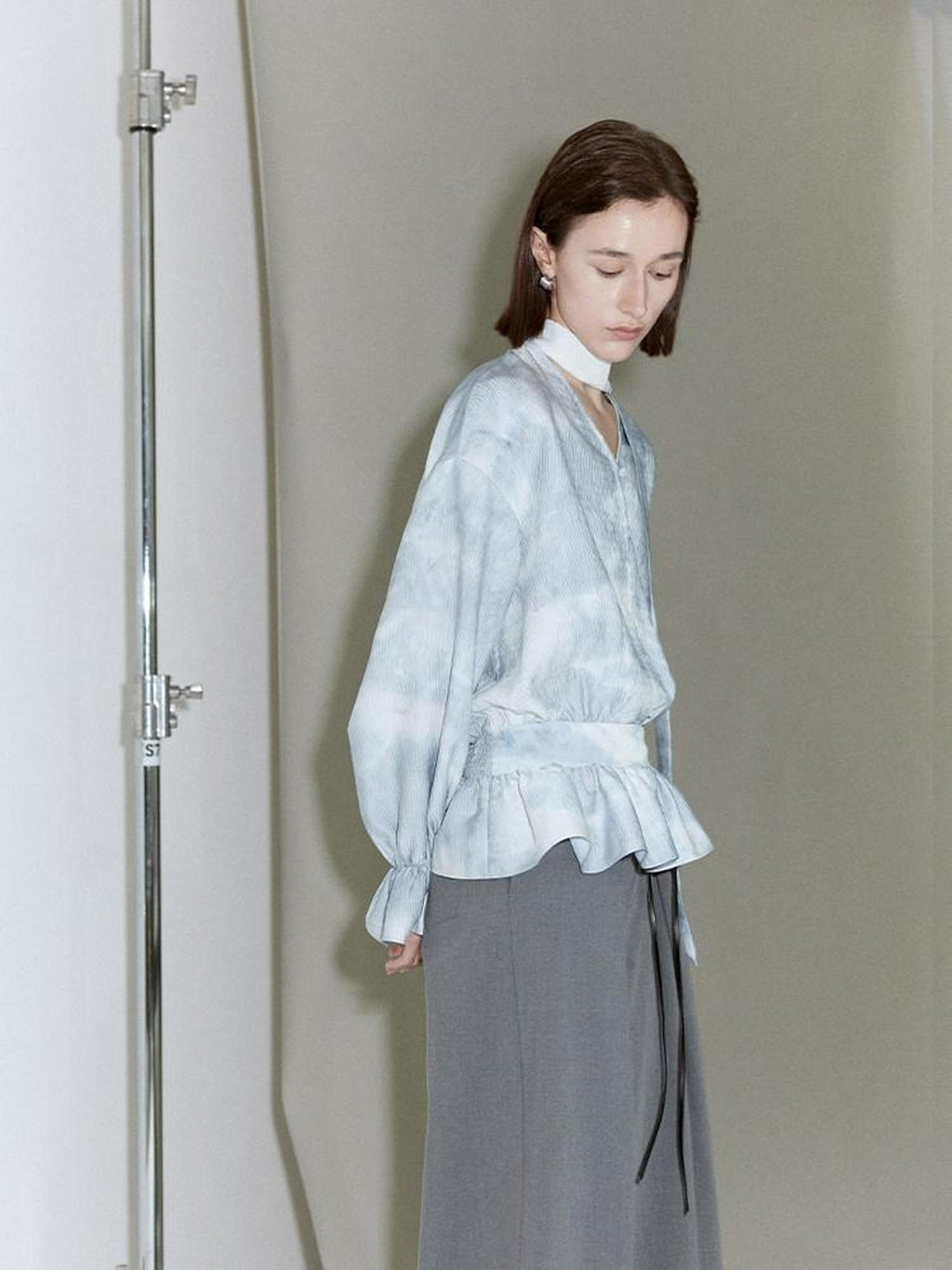 someone sometimes Glacier Blue Polyester V-neck Long Bell Sleeve Loose Fit Office Work Blouses