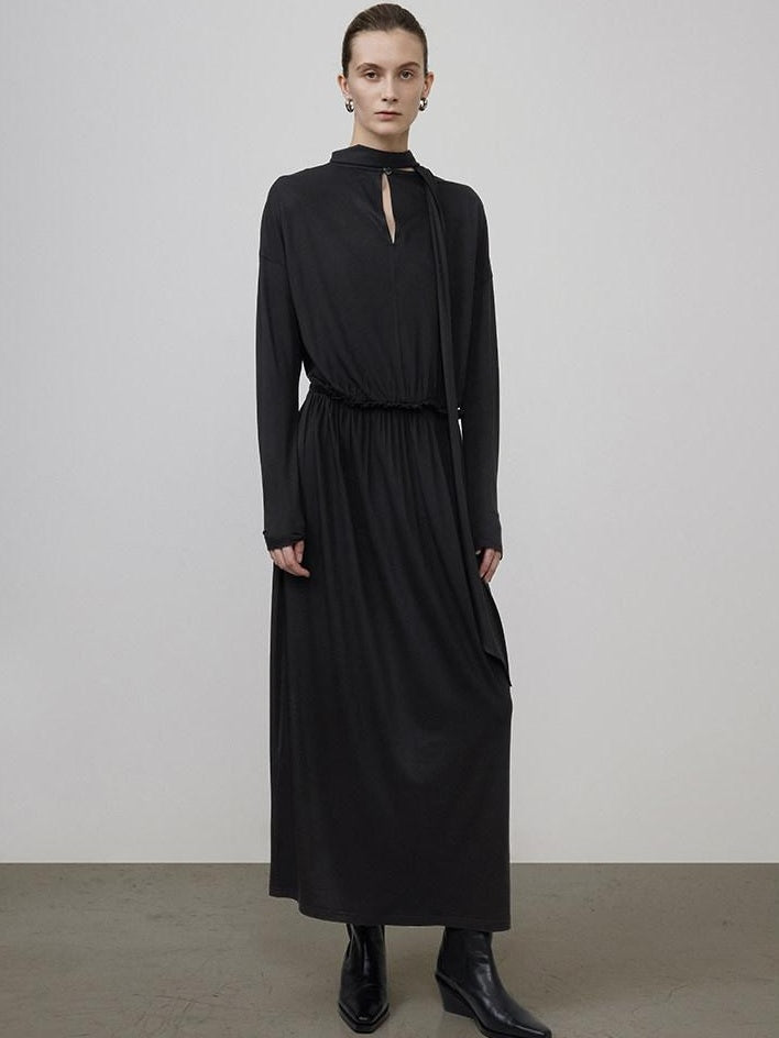 unspoken Minimal Office Pleated Round Neck Elastic Waist Long Sleeve Black Maxi Dresses