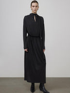 unspoken Minimal Office Pleated Round Neck Elastic Waist Long Sleeve Black Maxi Dresses