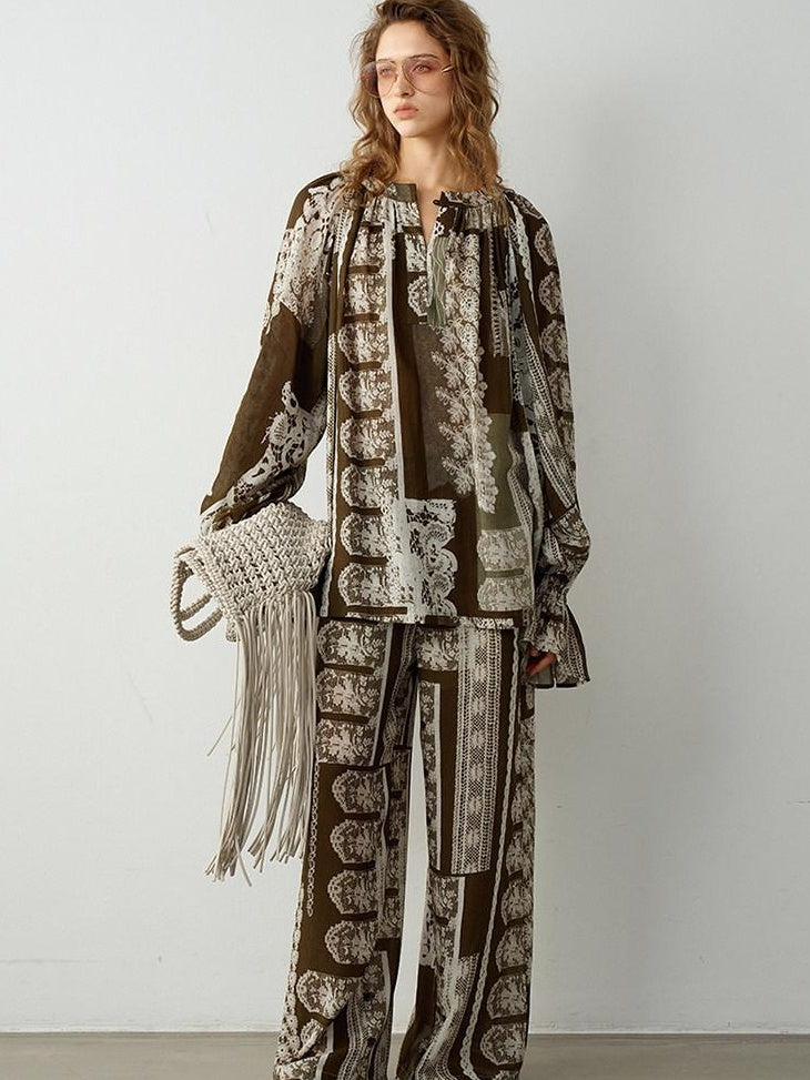 audreyyang Sustainable Viscose Ramie Printed Loose V-neck Long Sleeve Women Blouses