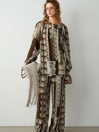 audreyyang Sustainable Viscose Ramie Printed Loose V-neck Long Sleeve Women Blouses