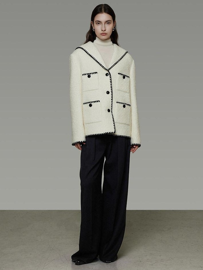 unspoken Lambswool Blend Tailored Loose Minimal Notch Collar Officewear Women Wool Coats