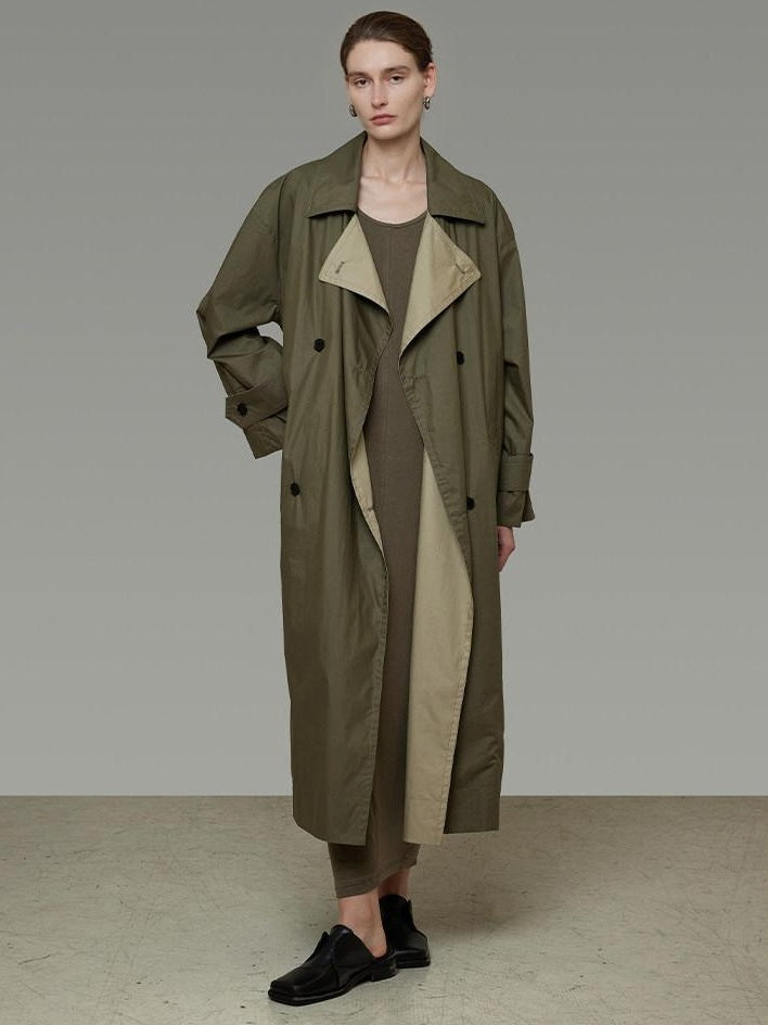 unspoken Minimal Commuter Long Double Breasted Loose Fit Women Black Olive Trench Coats