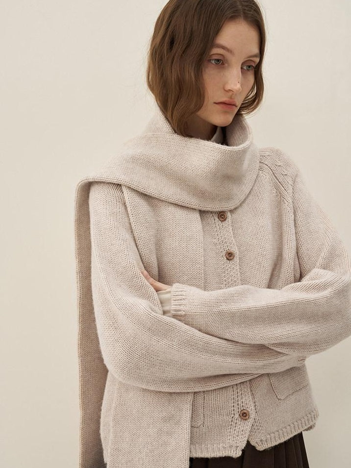 someone sometimes Wool Blend Button Front Round Neck Long Sleeve Commuter Oatmeal Beige Cardigans