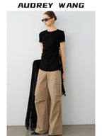 audreyyang Modal Cotton Ruched Commuter Slim Round Neck Womens Black Short Sleeve T-Shirts