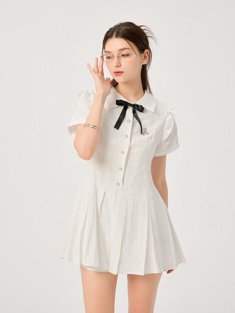 ikyou Pure Cotton Cinched Waist Minimal A Line Short Sleeve White Women Midi Dresses