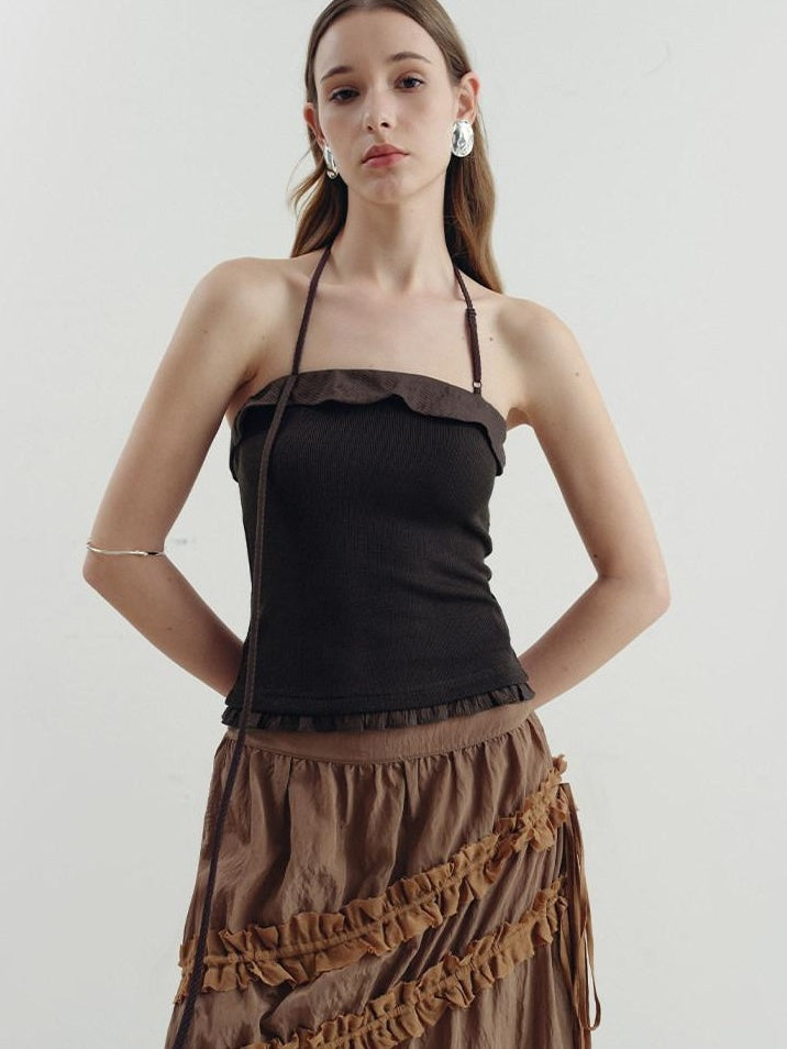 someone sometimes Ruffle Trim Backless Slim Fit Versatile Viscose Nylon Tank Camisoles