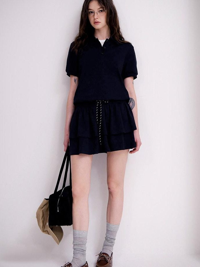 fano Navy Polo Short Sleeve Two Piece Pullover Mini Skirt For Women Top & Skirt Sets